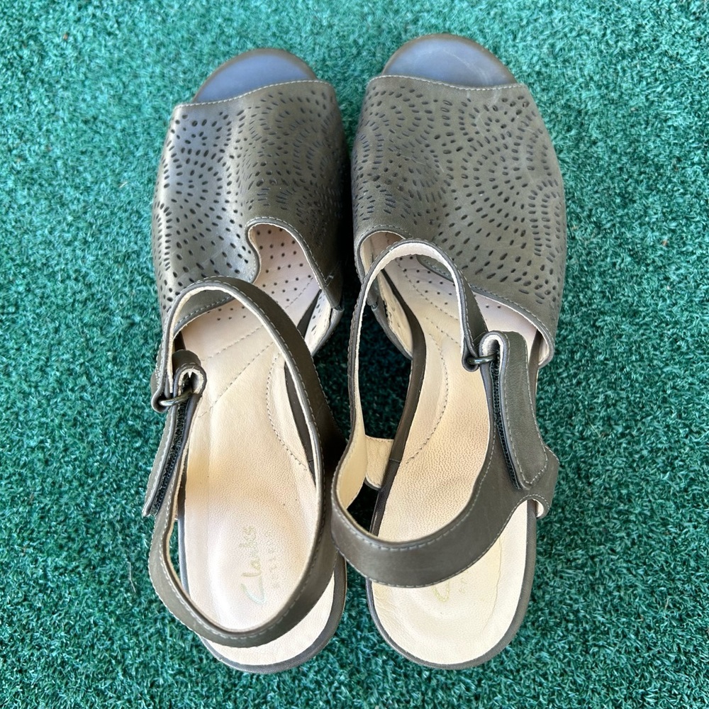 Clarks Artisan Maritsa Nila Leather Cork Wedge Platform Sandal Leather Green 8.5 - Picture 9 of 13